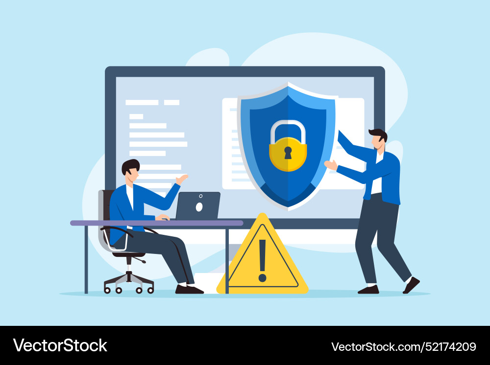 Flat of two men shielding computer from data Flat of two men shielding computer from data vector image