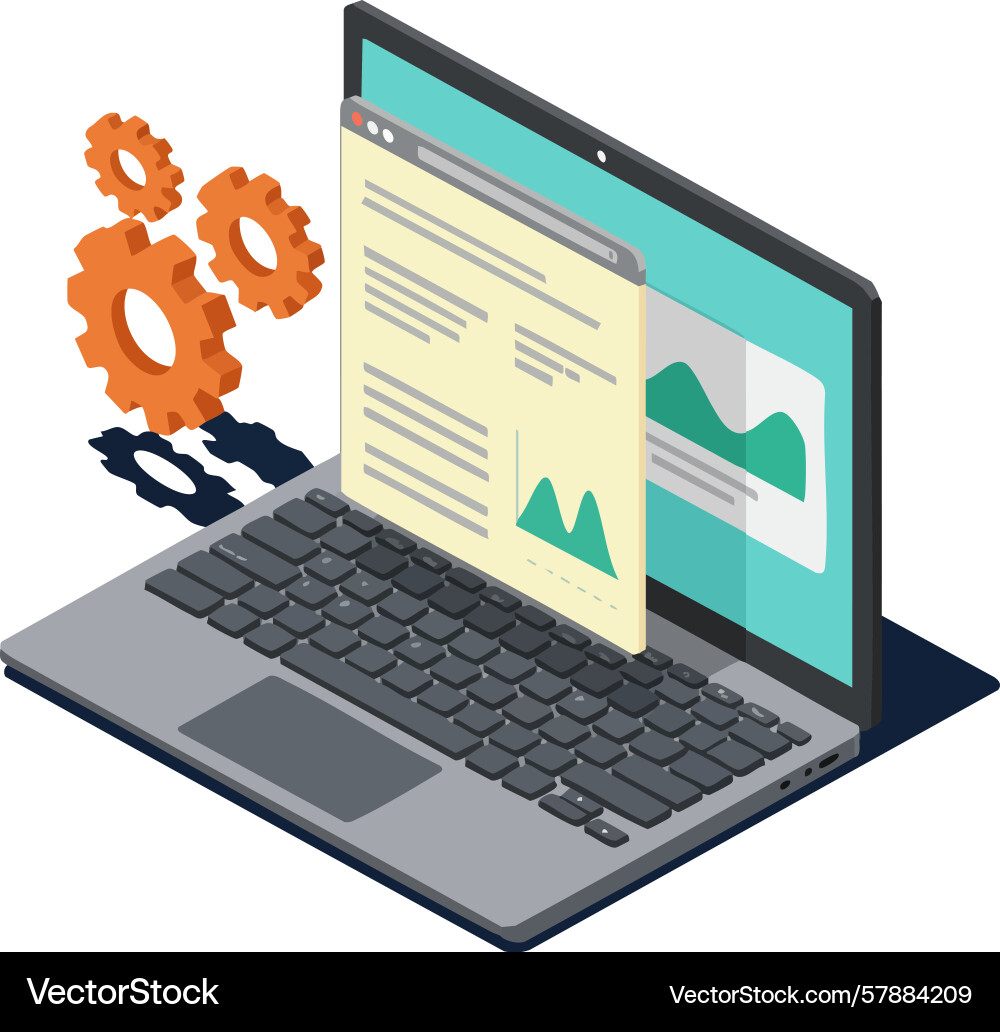 Laptop computer with floating document and gears Laptop computer with floating document and gears vector image