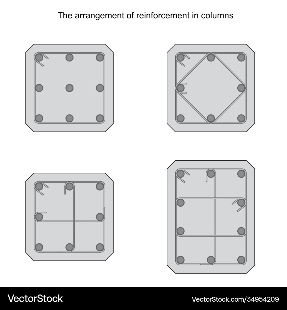 Reinforcement arrangement in square columns on wh vector image