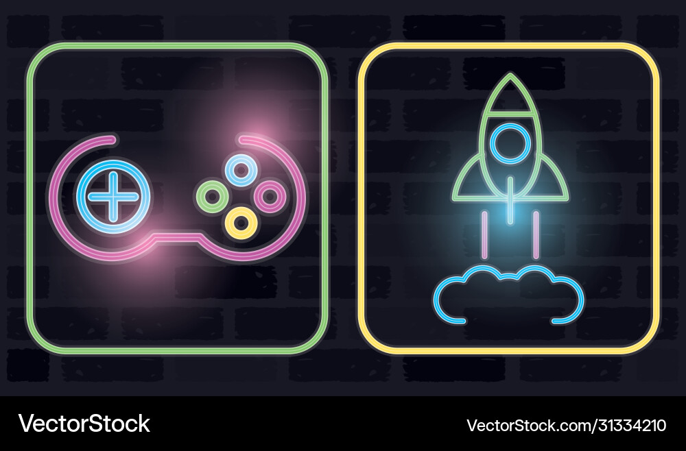Retro video game neon with rocket and control Retro video game neon with rocket and control Vector Image
