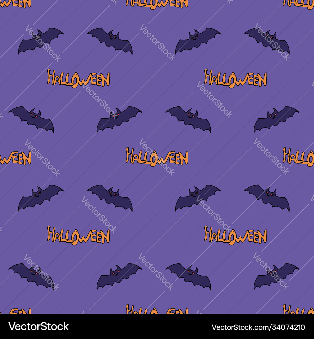 Seamless pattern with bat and text on violet Seamless pattern with bat and text on violet vector image