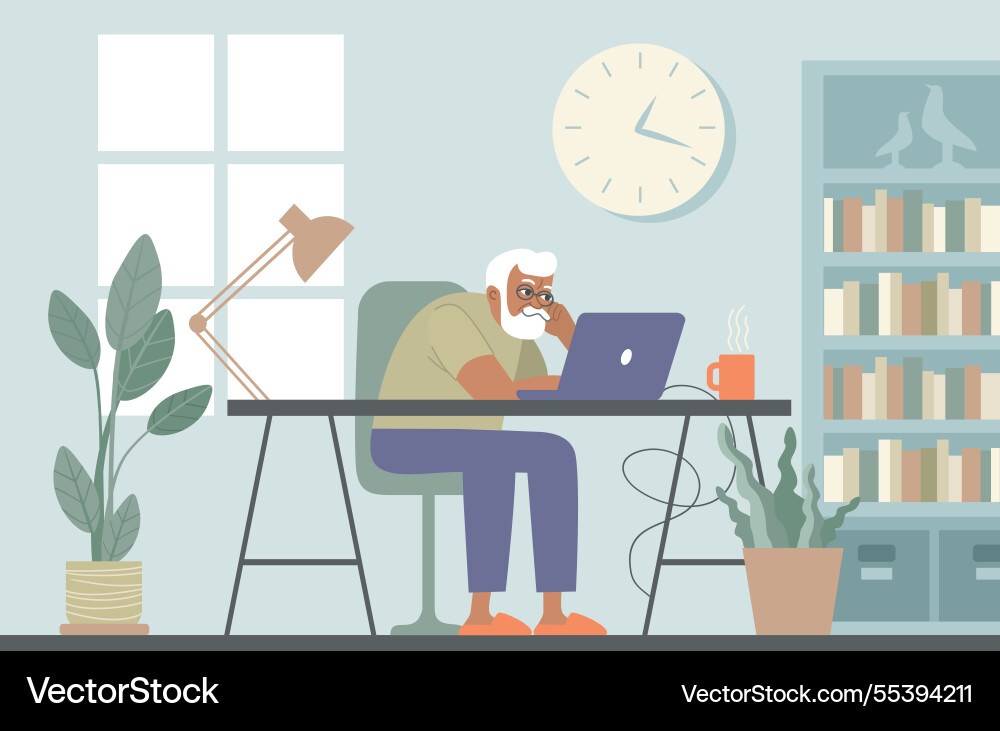 Elderly man working from home remote job online Elderly man working from home remote job online vector image