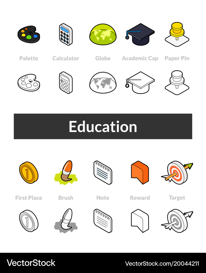 Set of isometric icons in outline style colored Vector Image