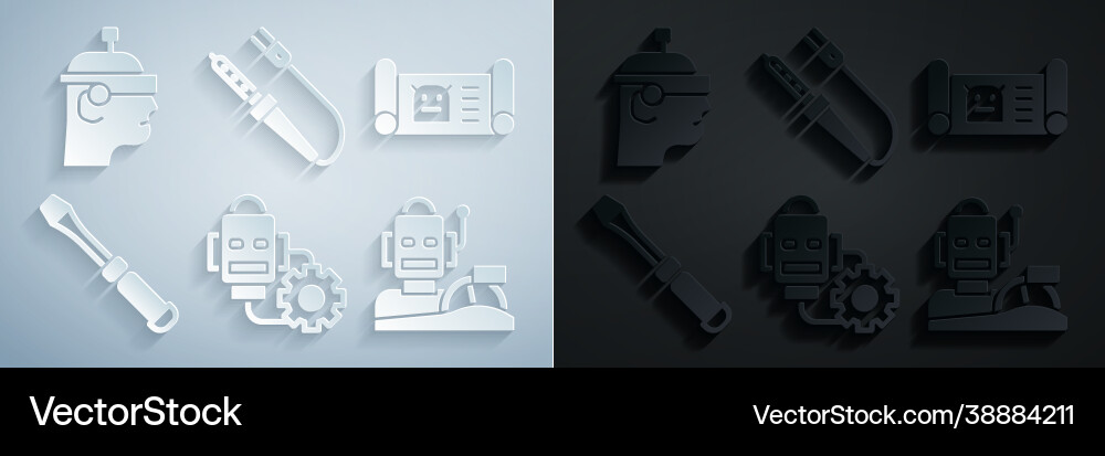 Set robot setting blueprint screwdriver Set robot setting blueprint screwdriver Vector Image