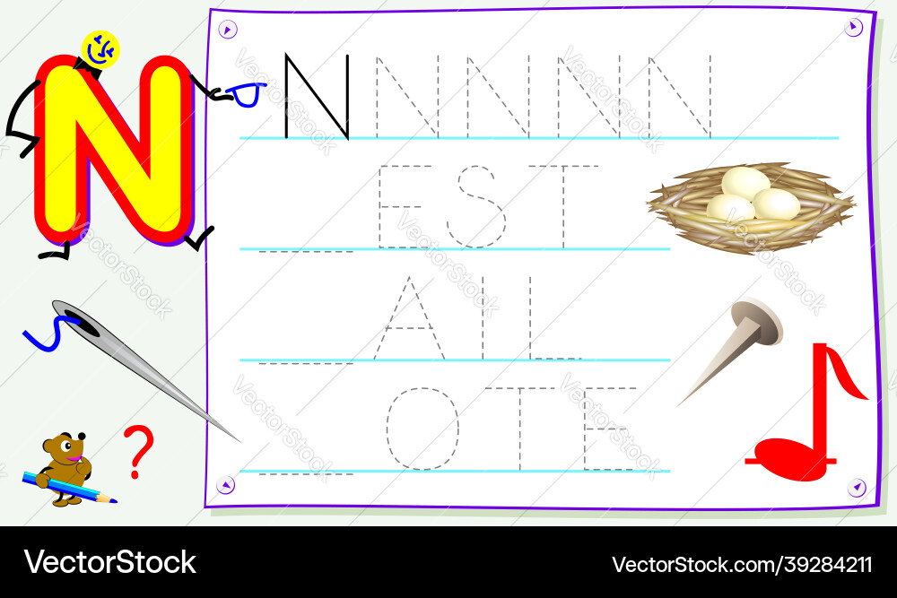 Worksheet for kids with letter n study Worksheet for kids with letter n study vector image