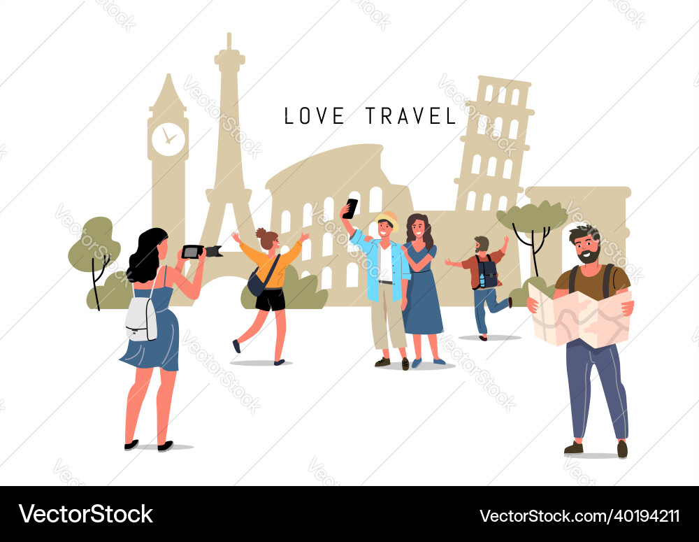 World landmarks and tourists travel theme cartoon World landmarks and tourists travel theme cartoon vector image