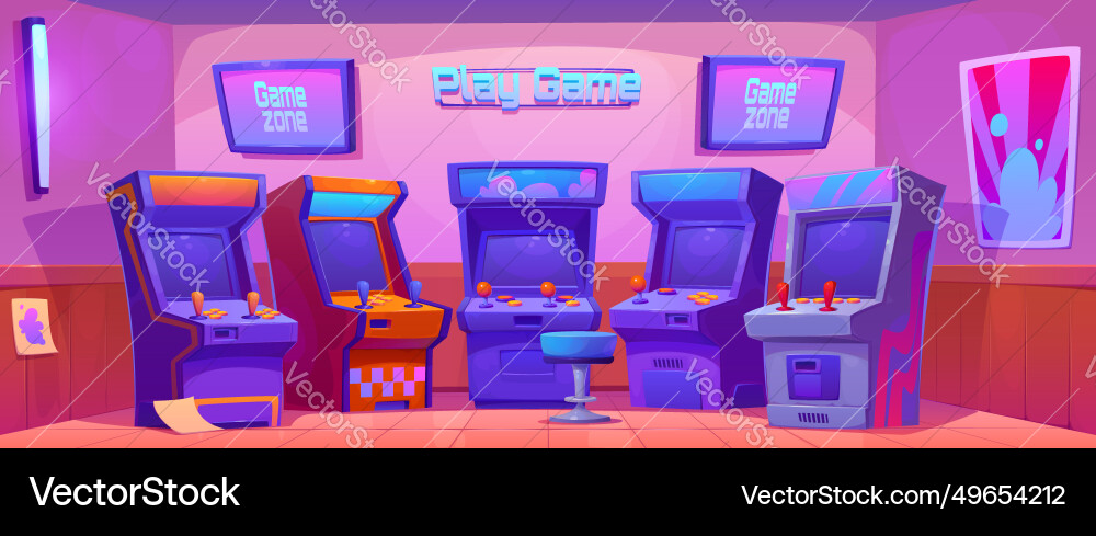 Retro computer club with game machines Retro computer club with game machines Vector Image