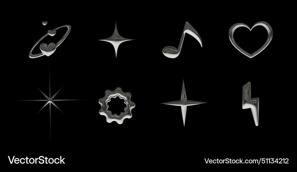 Set of 3d icons with chrome effect in 2000s style Set of 3d icons with chrome effect in 2000s style vector image