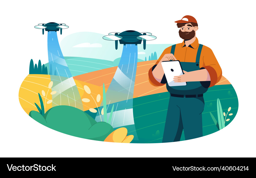 Farmer with tablet using drone to automate Vector Image