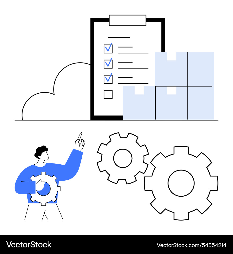 Man pointing at checklist and stacks of boxes Man pointing at checklist and stacks of boxes vector image