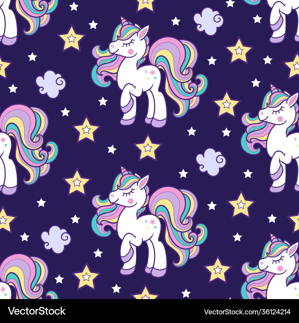 Seamless pattern with unicorn and stars on a dark Seamless pattern with unicorn and stars on a dark vector image