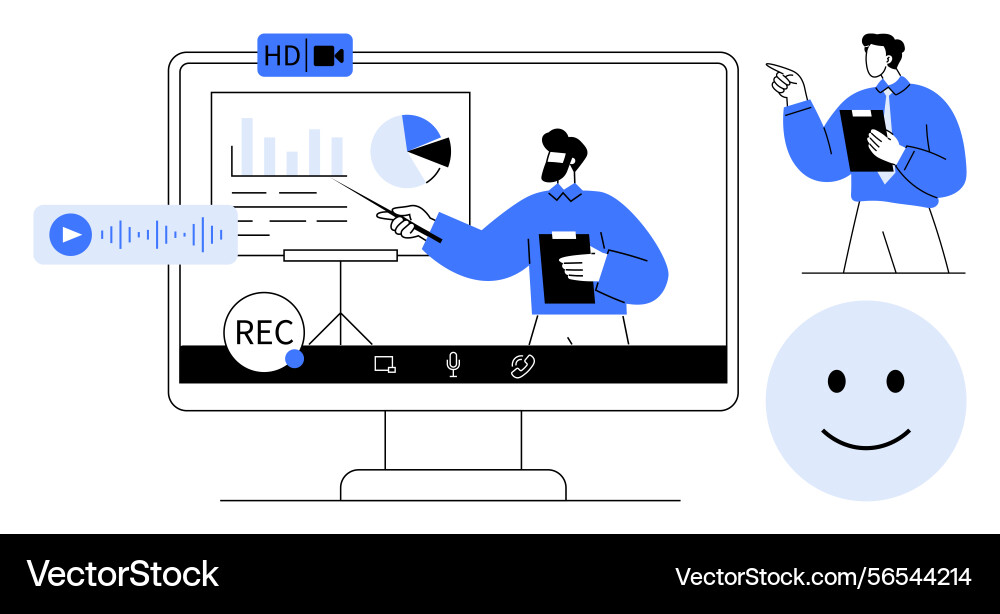 Virtual presentation with speaker explaining data Virtual presentation with speaker explaining data vector image