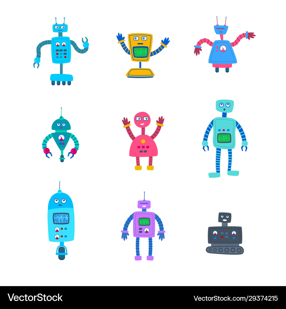 Cartoon color different robot characters icon set Cartoon color different robot characters icon set vector image