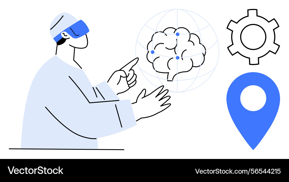 Virtual reality user interacting with brain Virtual reality user interacting with brain Vector Image