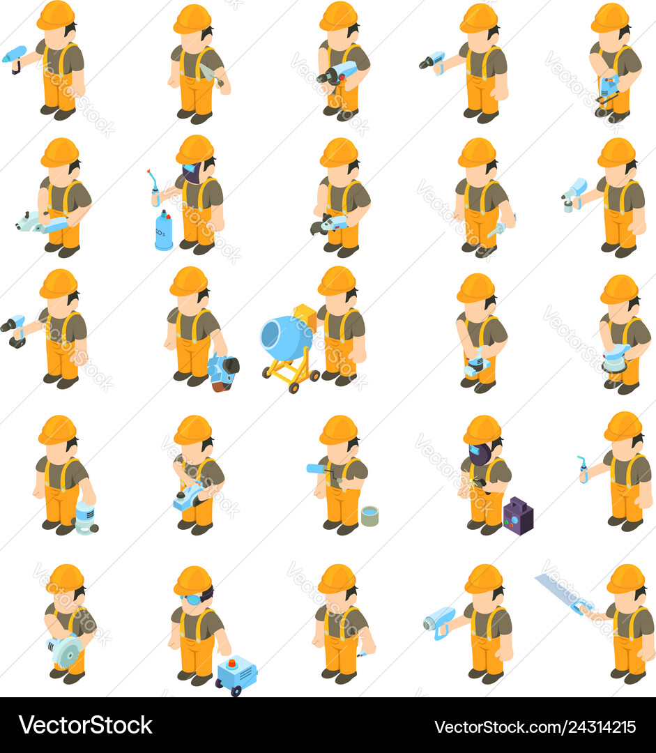 Worker and tool icons set isometric style Worker and tool icons set isometric style Vector Image