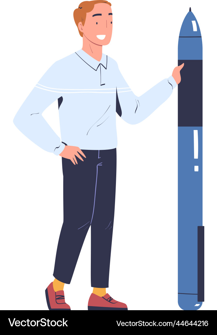 Man character with huge pen making contract Man character with huge pen making contract Vector Image