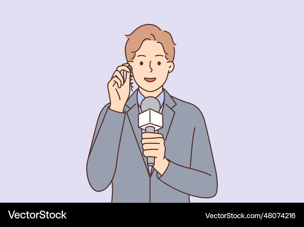 Man reporter with microphone and earpiece informs Man reporter with microphone and earpiece informs vector image