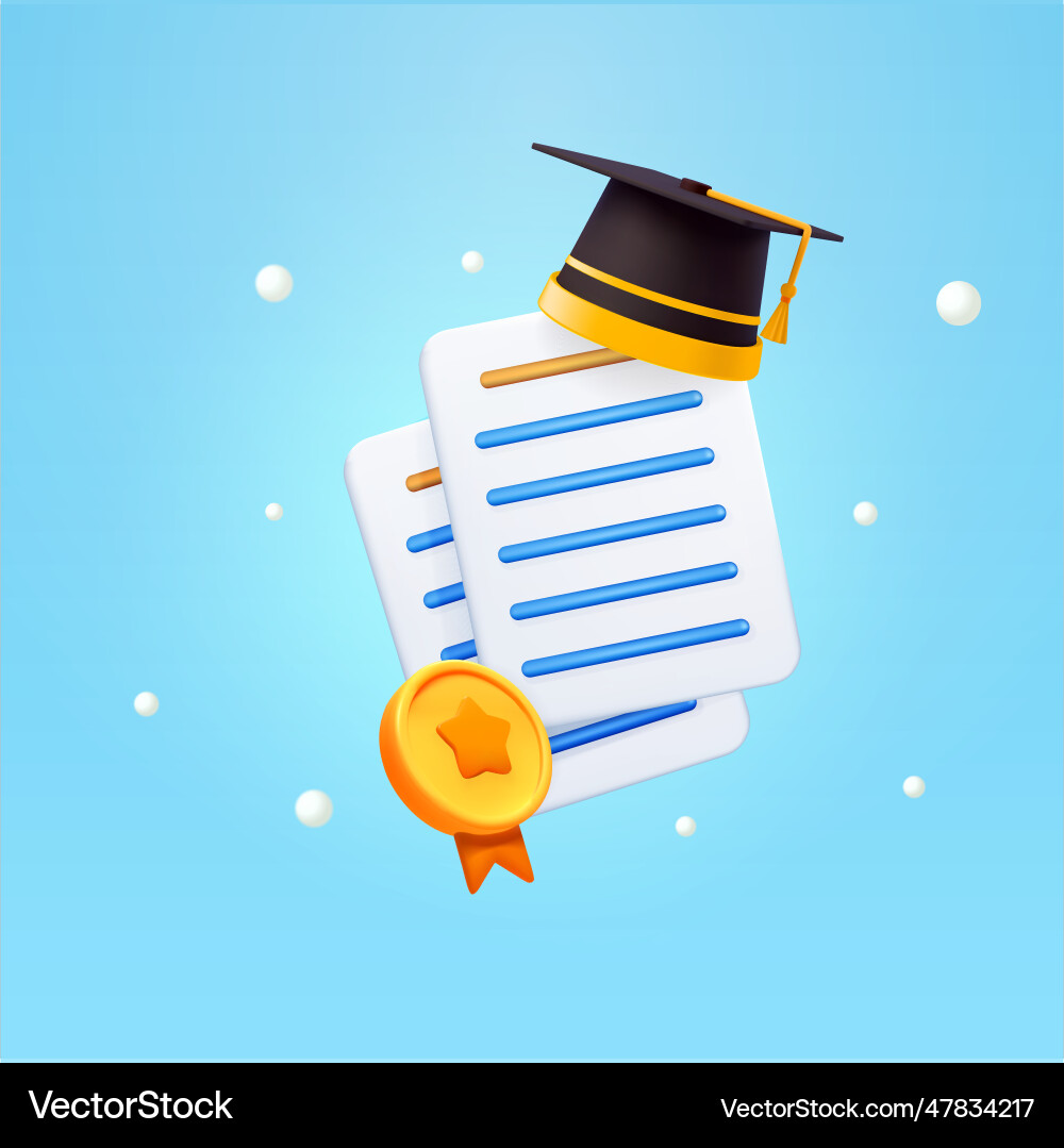 3d graduation cap or hat and documents medal 3d graduation cap or hat and documents medal vector image