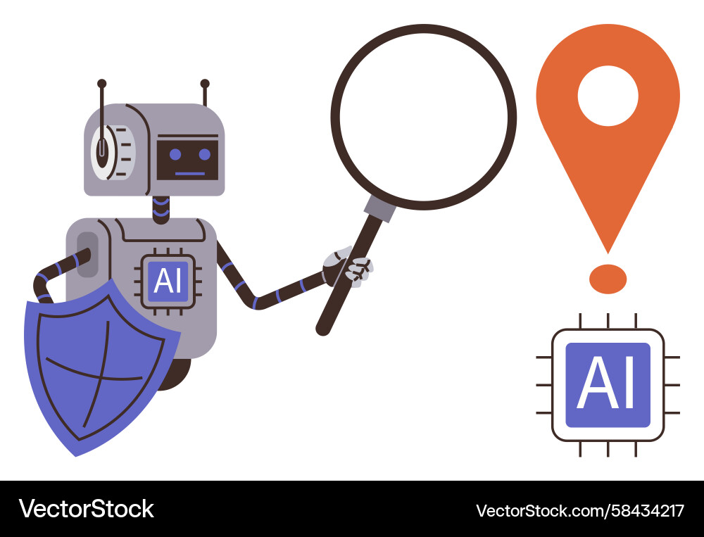 AI Robot with Shield and Magnifier Vector Image
