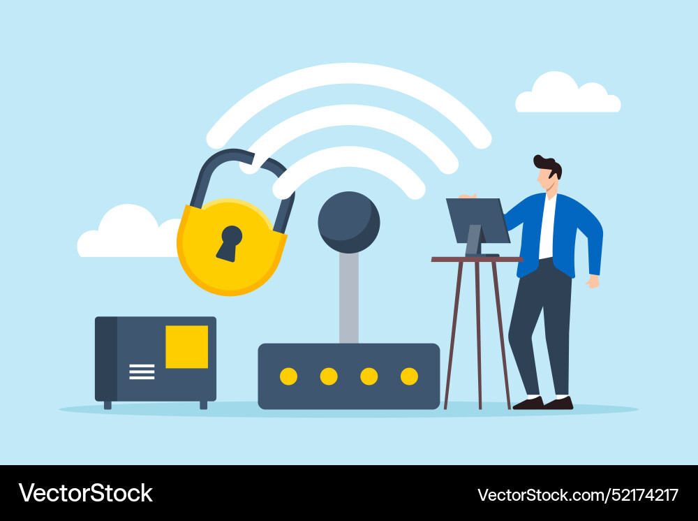 Flat of man securing wireless network wi-fi Flat of man securing wireless network wi-fi vector image