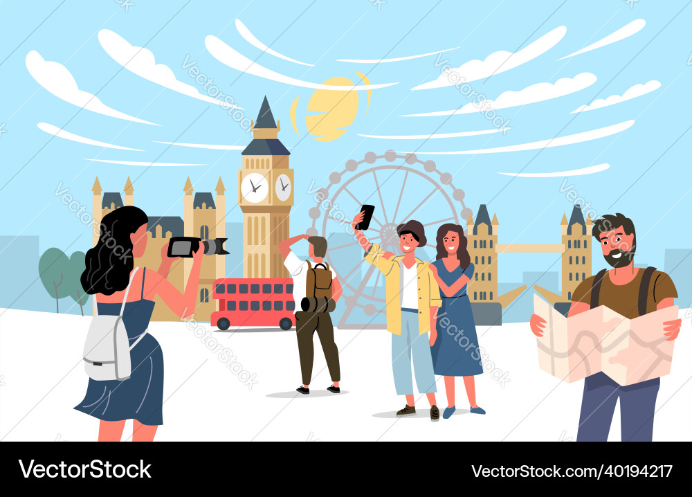 London with tourists travel theme cartoon London with tourists travel theme cartoon vector image