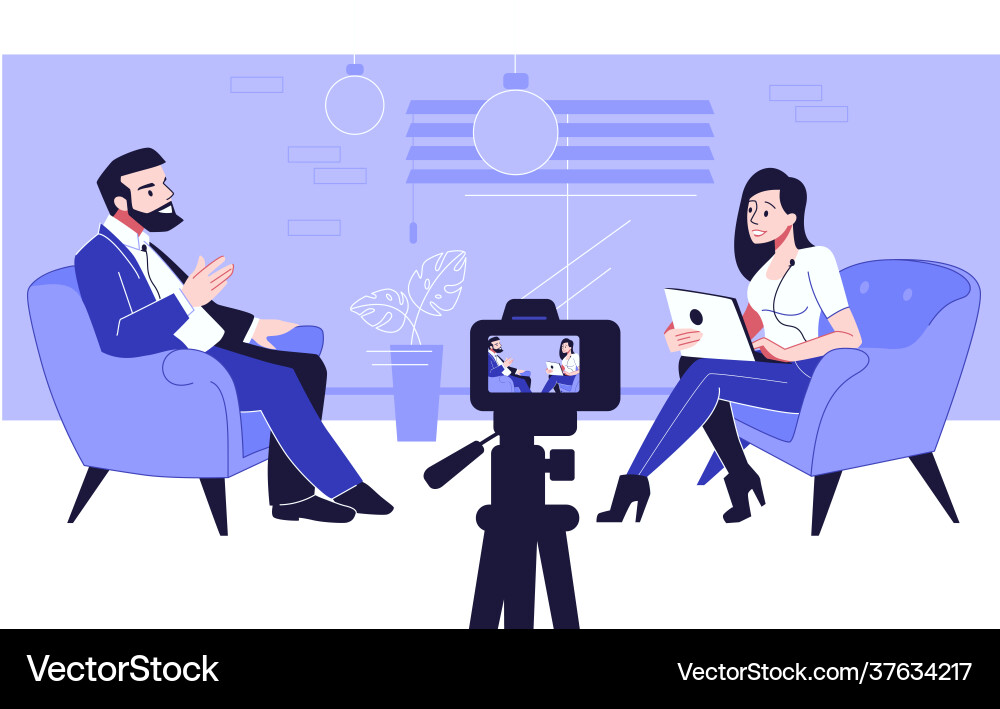 Podcast blogger recording interview with camera vector image