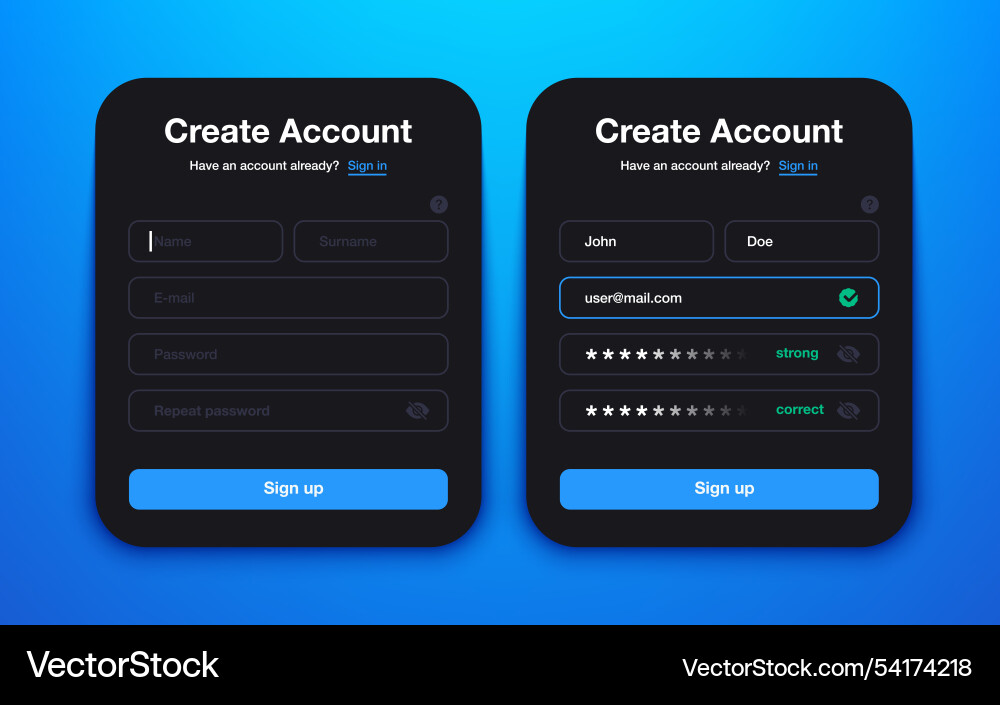 Create account ui sign up and log in dark form Create account ui sign up and log in dark form Vector Image