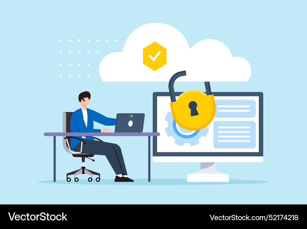 Flat of man implementing cloud computing security Flat of man implementing cloud computing security vector image