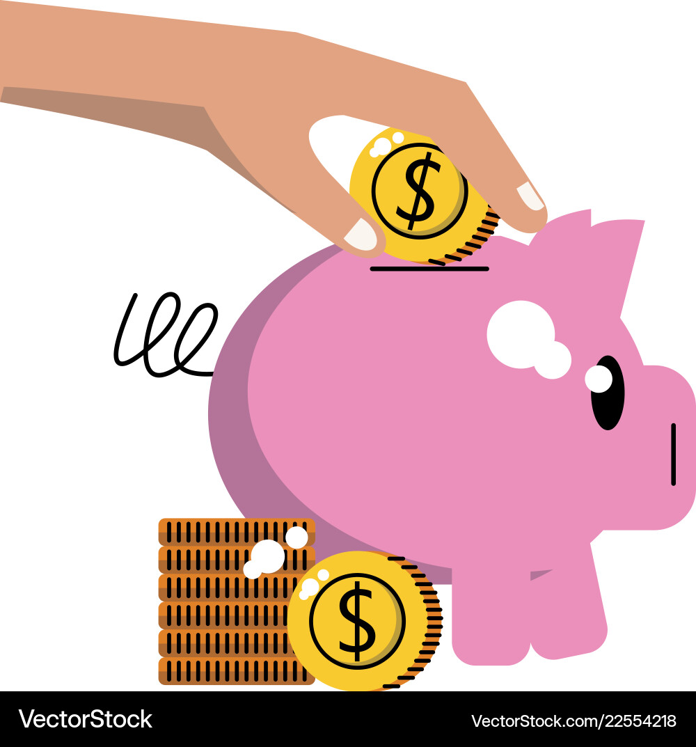 Hand inserting coin to piggy vector image
