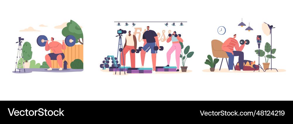 Characters host a power exercise vlog showcasing Vector Image