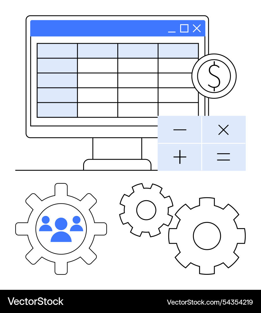 Computer screen with spreadsheet gears user Computer screen with spreadsheet gears user vector image