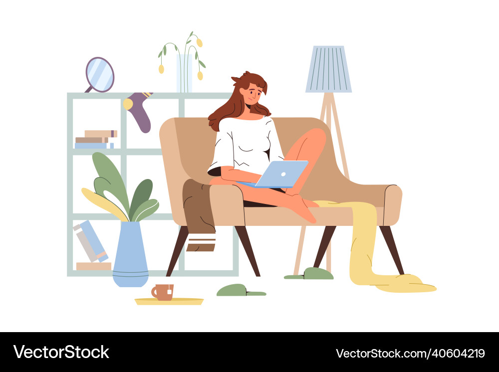 Flat woman working at home office with laptop Flat woman working at home office with laptop vector image