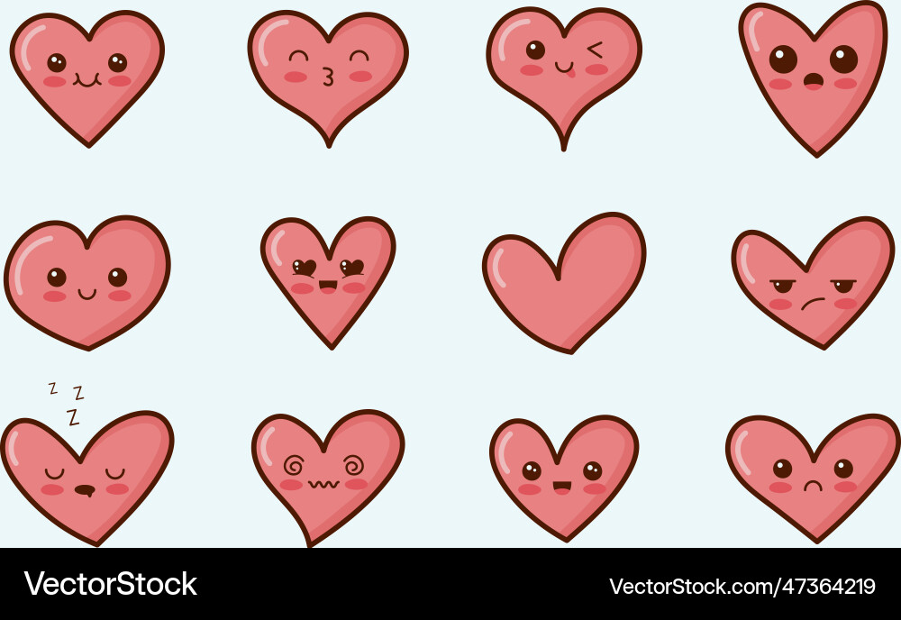Set of cute pink volumetric hearts with stroke Set of cute pink volumetric hearts with stroke vector image