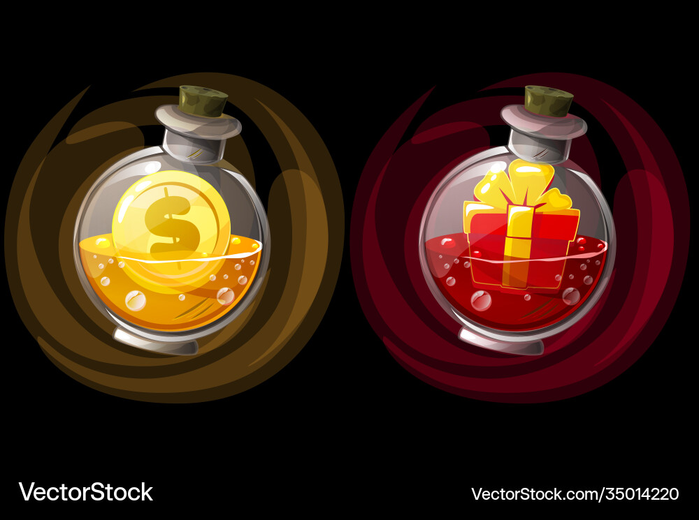 Set isolated elixir bottles with gift and coin Set isolated elixir bottles with gift and coin vector image