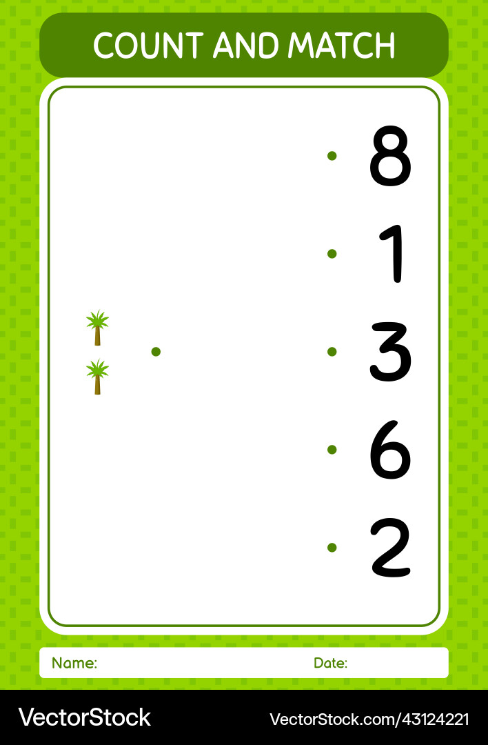 Count and match game with palm tree worksheet Count and match game with palm tree worksheet vector image