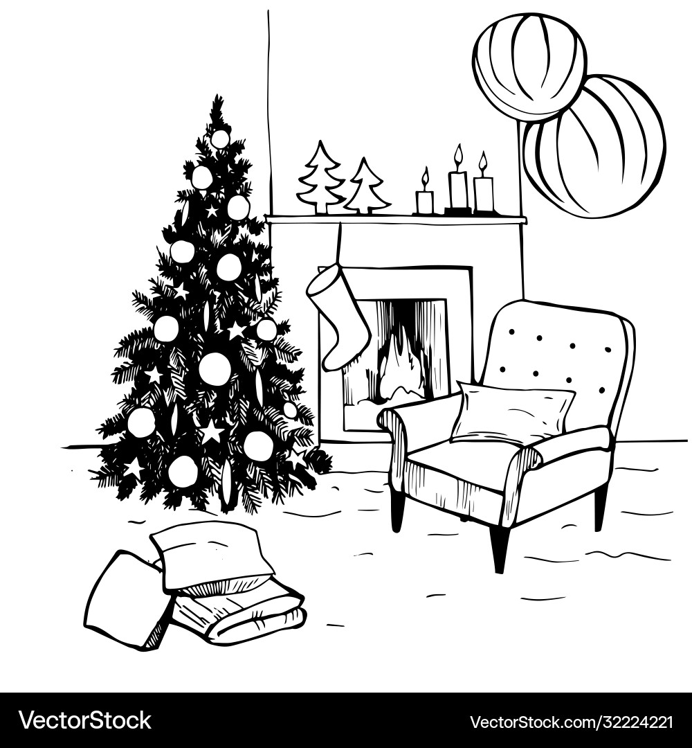 Hand drawn christmas living room sketch Hand drawn christmas living room sketch vector image