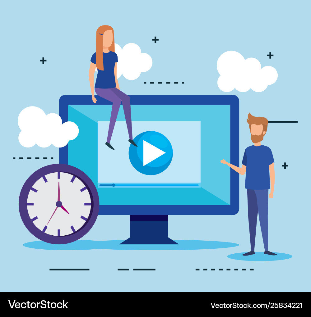 Mini people with computer and clock Mini people with computer and clock vector image