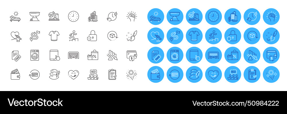 Fireworks journey and laundry line icons pack Fireworks journey and laundry line icons pack vector image