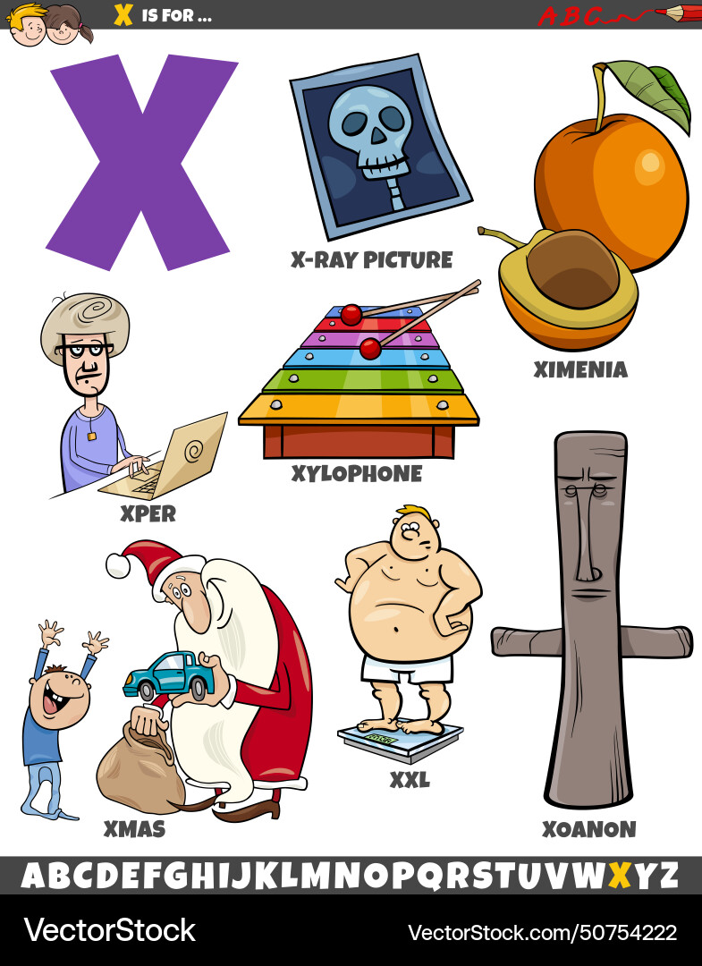 Letter x set with cartoon objects and characters vector image