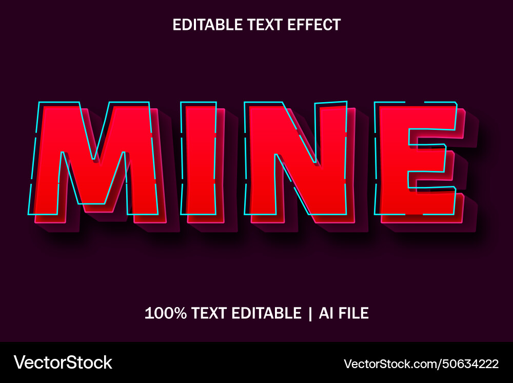 Mine editable text effect neon 3d style vector image