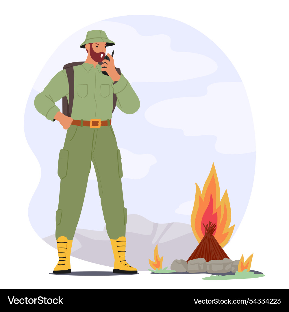 Man forest ranger character reporting on radio Man forest ranger character reporting on radio vector image