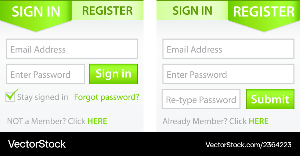 Register sign in forms with green gradient header vector image