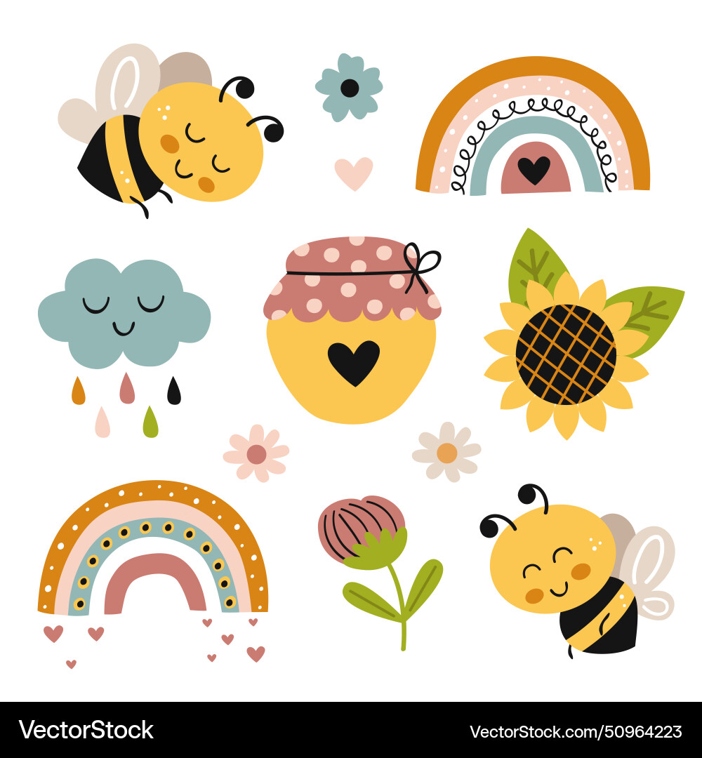 Set isolated with cute bees honey pot flowers vector image