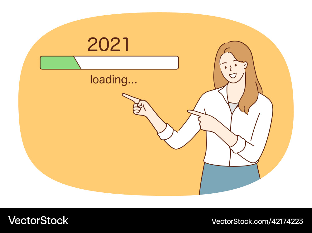 Smiling woman point at line with year loading Vector Image