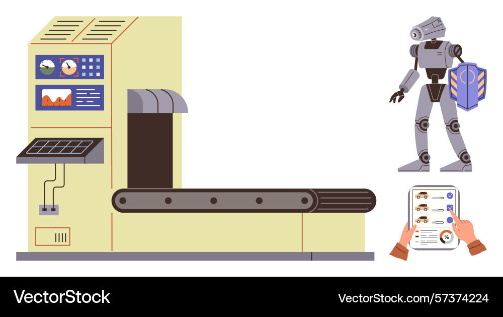 Factory robot qa station with conveyor belt Factory robot qa station with conveyor belt vector image