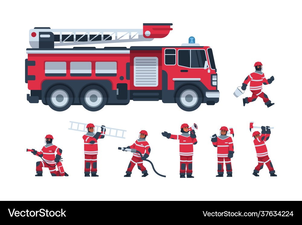Fireman cartoon fire engine and firefighters Fireman cartoon fire engine and firefighters vector image