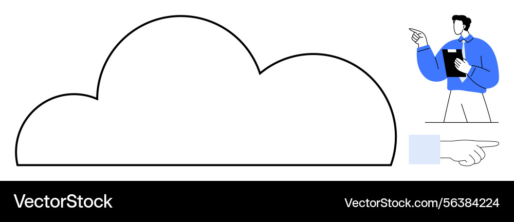 Man pointing at cloud outline with clipboard Man pointing at cloud outline with clipboard Vector Image