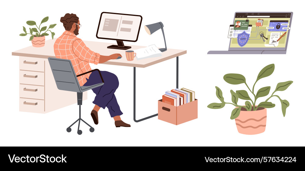 Man working on desktop with cybersecurity vector image
