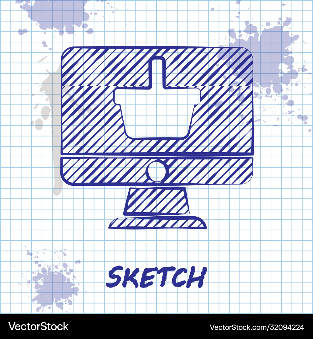 Sketch line computer monitor with shopping basket Vector Image