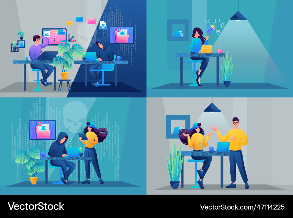 Set of web design hacker hacks the mail and makes vector image